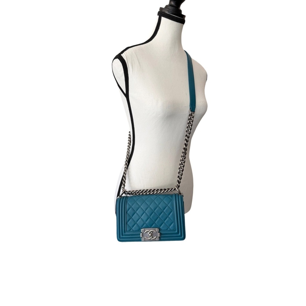 Chanel Boy Bag Small Teal Quilted Leather Ruthenium Chain Flap Crossbody - Picture 13 of 15